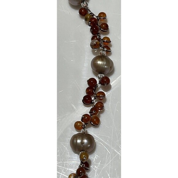 925 Sterling Light Grey Fresh Water Pearls/Wire Wrapped Carnelian Necklace 16in - Picture 4 of 9